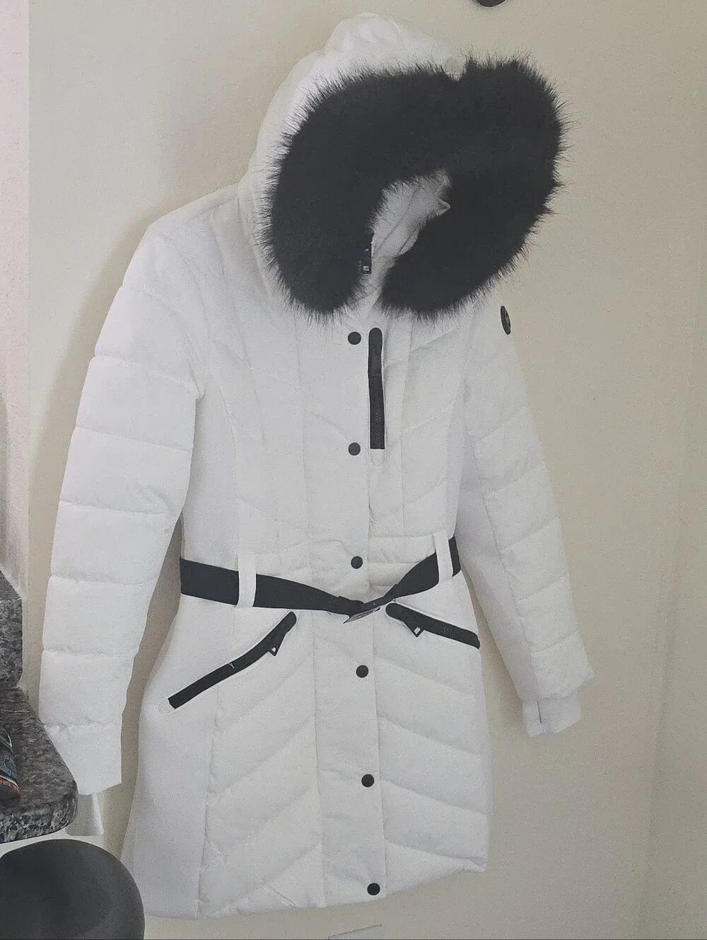 Michael Kors Women's Belted Hooded Puffer Coat Faux Fur Trim Size S Retail $300